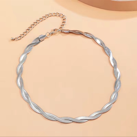 Silver Plated Herringbone Double Twist Layered Choker Necklace - Picture 3 of 8